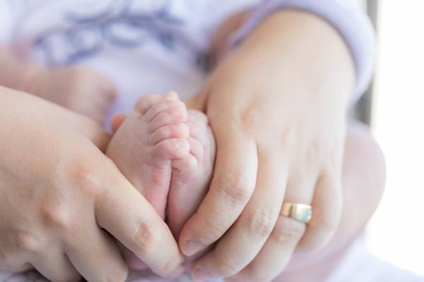 Pieds pour nouveau-nés entre les mains de la mère
 - Photo, image