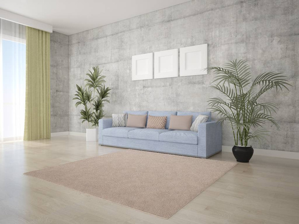 Kigúnyolják az eredeti nappaliban egy trendi kényelmes kanapé és stílusos csípő hátteret. - Fotó, kép