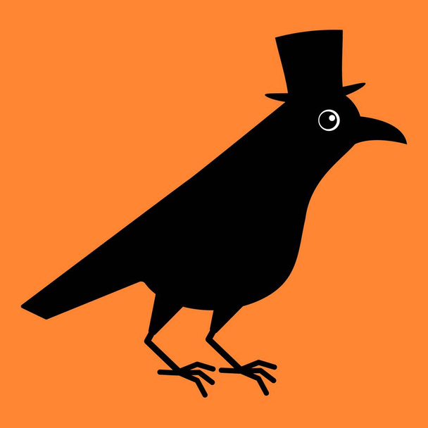 Pánská vrána, kos s cylindrem. Roztomilý havran ilustrace na oranžové černém poli. - Vektor, obrázek