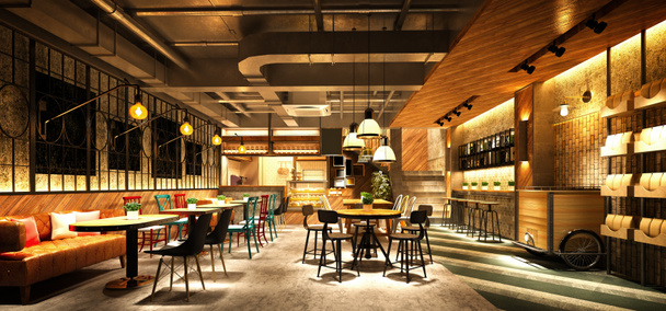 3D-Darstellung des Café-Restaurants im Holzstil - Foto, Bild