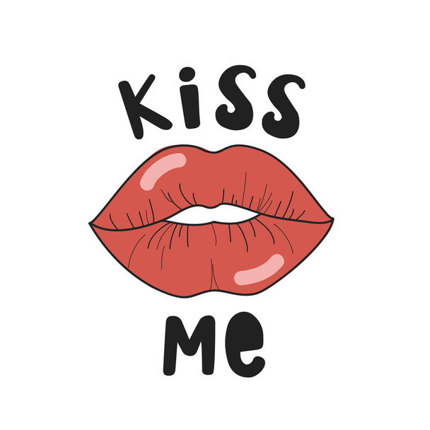 Kiss Me. Vector lettering with lip print on white background - Vektor, obrázek