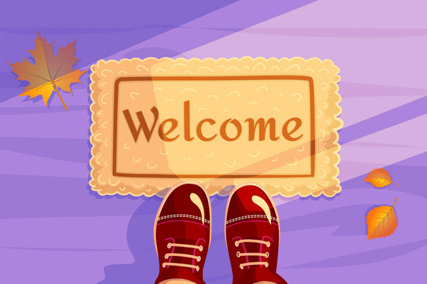 Welcome doormat with Yellow leaves and red shoes. Hello Autumn season background. Horizontal concept of Greeting card and invitation banner. Color flat visit illustration. Guest design vector. - Vector, Image
