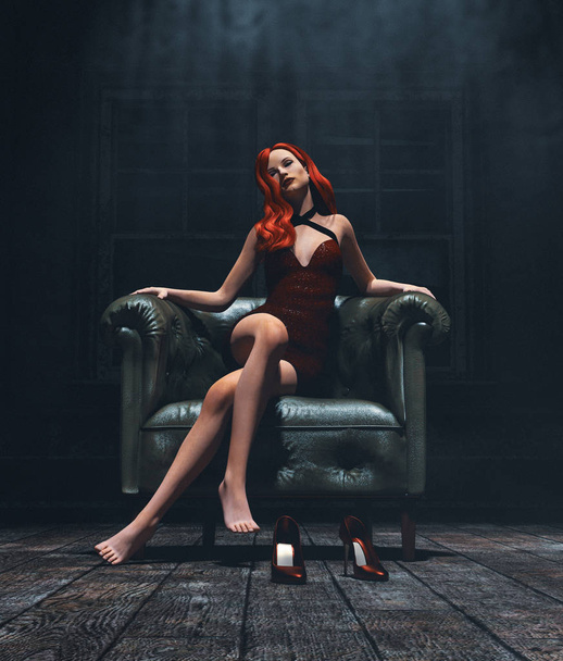 Night with the devil,there something behind that beauty,Sexy red hair girl sitting on vintage leather chair,3d illustration**3d figure - 写真・画像