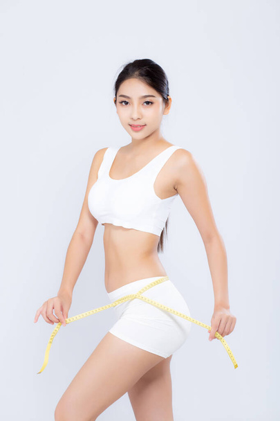 bonito retrato asiático mulher dieta e magro com medição wais
 - Foto, Imagem