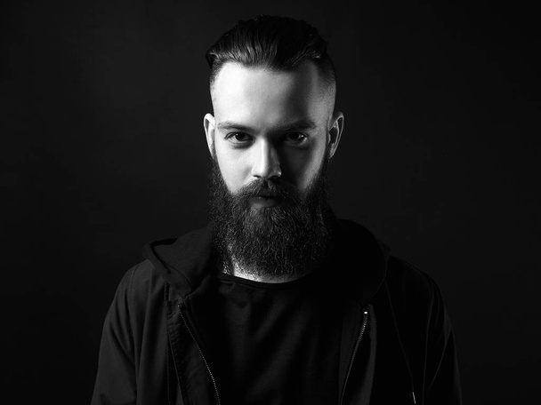 Black and white portrait of Man. Bearded Handsome Boy - Photo, Image