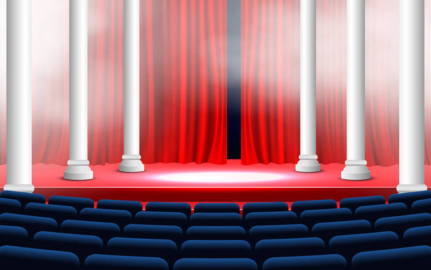  κόκκινη κουρτίνα με καπνό στη σκηνή στην αίθουσα - Διάνυσμα, εικόνα