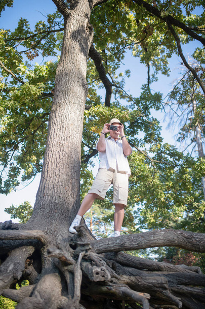Man wearing shorts standing on big tree and taking photo of forest - Zdjęcie, obraz