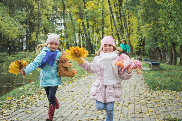Sonbahar parkında koşan beş yaşındaki iki kız kardeş. - Fotoğraf, Görsel