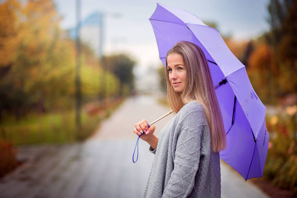 Una mujer en pantalones grises con un paraguas lila camina a través de un parque de otoño en tiempo lluvioso
. - Foto, Imagen