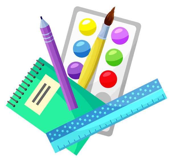 School Supplies Paintbrush and Palette Ruler Set - Vettoriali, immagini