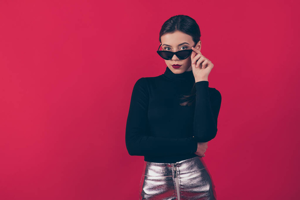 Portrait of attractive pretty lady successful agent listen partners problems true leader for her employees wear fashionable clothes isolated over red color background - Fotoğraf, Görsel