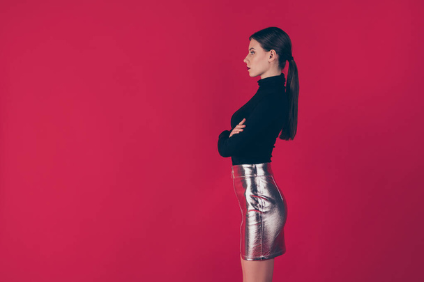 Profile side photo of attractive classy chic lady arrogant boss cross her hands listen strat-up problems wear luxury outfit silver pencil skirt isolated over red color background - Foto, Imagem