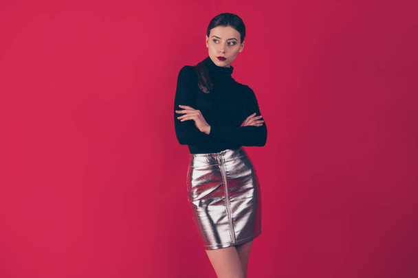 Portrait of charming pretty lady real boss executive look have thoughts about her partners on corporate party wear fashionable short mini outfit sliver pencil skirt isolated over red color background - Foto, immagini