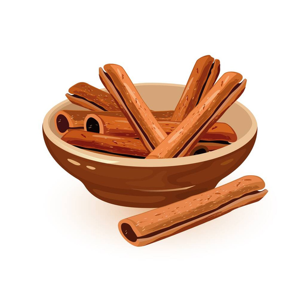 Sticks of cinnamon are in brown ceramic bowl. Aromatic condiment, spice. - Vector, Image