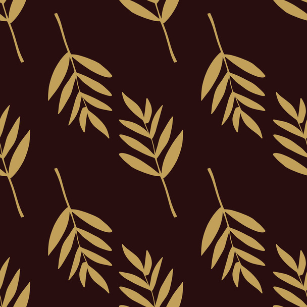 Seamless vector pattern with fern leaves gold brown on black backdrop. Yellow mustard pinnate leaf silhouettes background. Elegant retro design for fabric, bedding, wallpaper, packaging - Vettoriali, immagini