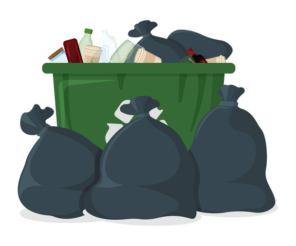 Saco de Lixo com Bin e Ícone de Tanque. Saco de lixo preto em fundo branco. Trash Container Symbol, Ícone e Distintivo. Desenhos animados Vector ilustração
 - Vetor, Imagem