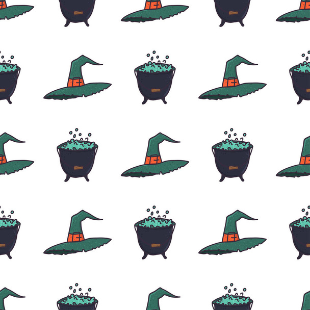 Πράσινο καπέλο μάγισσα και καζάνι αδιάλειπτη μοτίβο - Διάνυσμα, εικόνα