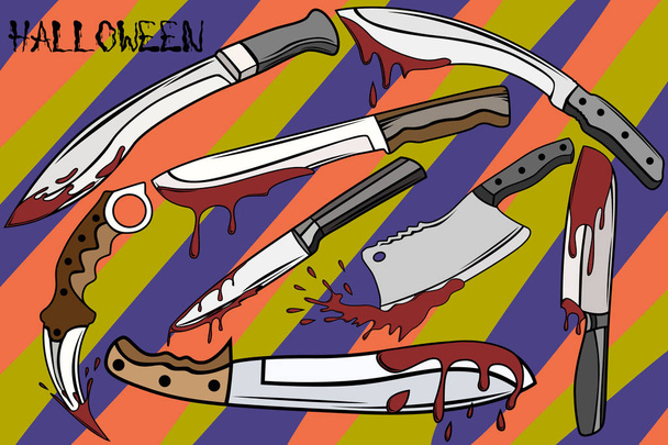 A set of bloodstained knives. The set of knives on Halloween. Drops and splashes of blood, Halloween poster. Wallpapers for Halloween party. - Vector, Image