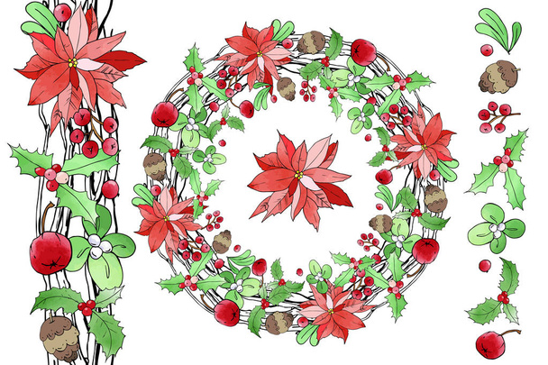ramas de Navidad con hojas rojas y verdes, Conjunto de vectores  - Vector, imagen