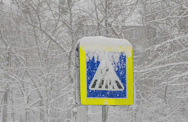 luminen merkki jalankulkijan ylityksestä lumisateen taustalla
 - Valokuva, kuva