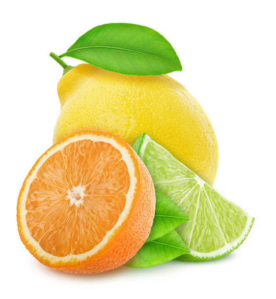 Different citrus fruits multicolored composition isolated on a white background. - Foto, Imagen