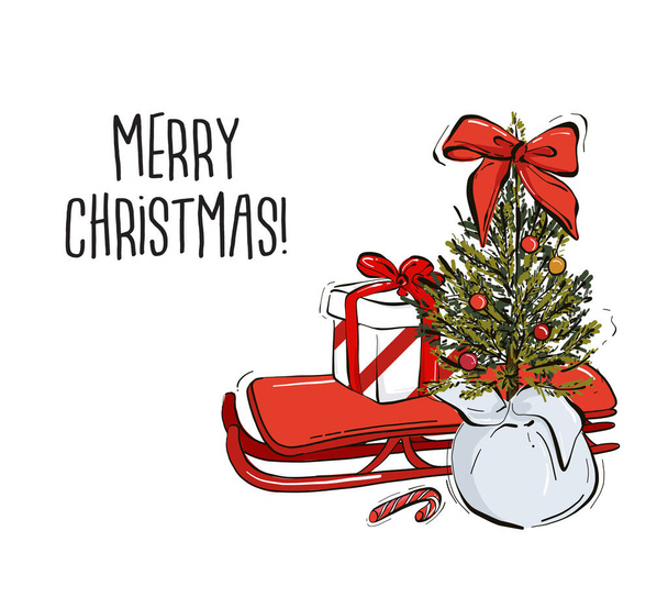 モミのコーン、赤い弓、贈り物、キャンディーコーンとそり、白い背景に隔離された挨拶引用符を持つクリスマス手描きの装飾木の枝。現代の冬の休日スケッチでベクトル - ベクター画像