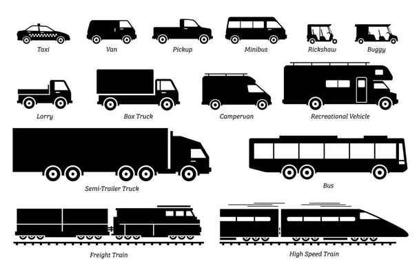 A haszongépjárművek szállítási ikonjainak listája. Az illusztrációk a szárazföldi szállítást ábrázolják kereskedelmi célokra. Ezek taxi, furgon, pickup, teherautó, busz, teherautó és vonat.. - Vektor, kép