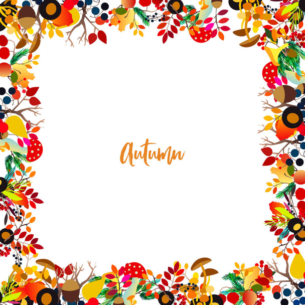 Autumn vector frame with berries, acorns, pine cone, mushrooms, branches and leaves. - Vektor, kép