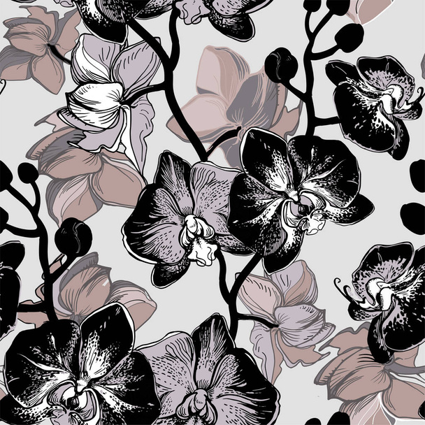 Monochrome floral seamless patten with hand drawn flowers - Vektor, kép