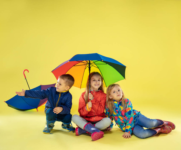 A full length portrait of a bright fashionable kids in a raincoat - Фото, зображення