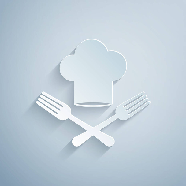 Papier gesneden Chef hoed en gekruiste vork pictogram geïsoleerd op grijze achtergrond. Koken symbool. Restaurant menu. Kookt hoed. Papierkunst stijl. Vector Illustratie - Vector, afbeelding