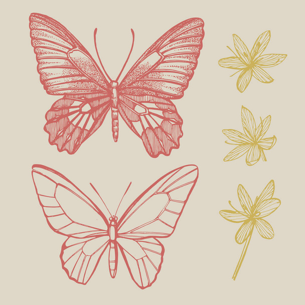 Πεταλούδες σιλουέτες. Πρότυπο καρτών πεταλούδων σε ρομαντική περιοχή. Εικονογραφική απεικόνιση. Χειρόγραφη ταπετσαρία αφηρημένου κειμένου - Διάνυσμα, εικόνα