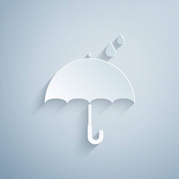 Řez papíru Deštník a ikona kapky deště izolované na šedém pozadí. Vodotěsná ikona. Ochrana, bezpečnost, koncepce zabezpečení. Symbol odolnosti vůči vodě. Papírový styl. Vektorová ilustrace - Vektor, obrázek