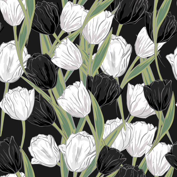 Vector white black tulips background. Stylized drawn flowers backdrop. Seamless pattern for wallpapers, pattern fills, web page backgrounds, surface textures, fabric, carpet, home decor - Вектор,изображение