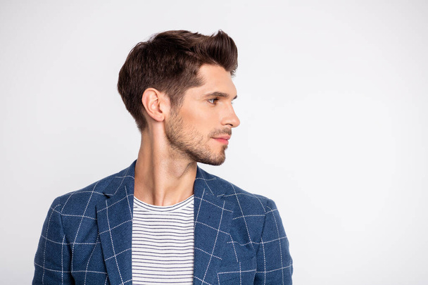 Close-up portrait of his he nice attractive calm content well-groomed businessman corporate shark wearing modern checked blazer looking aside isolated over light white pastel background - Zdjęcie, obraz