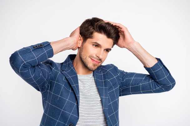 Portrait of minded well-dressed charming man touch his haircut fix hairdo wear plaid jacket blazer isolated over white background - Fotografie, Obrázek