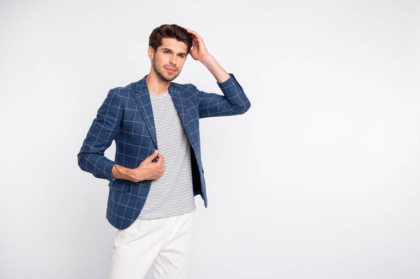 Turned photo of gorgeous style entrepreneur man wear plaid look blue jacket blazer pants trousers isolated over white background - Fotoğraf, Görsel