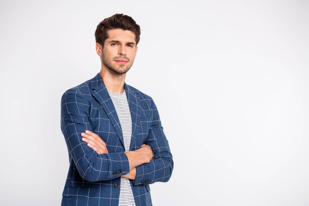 Turned photo of charming guy cross his hands wear checkered blue blazer jacket isolated over white background - Zdjęcie, obraz