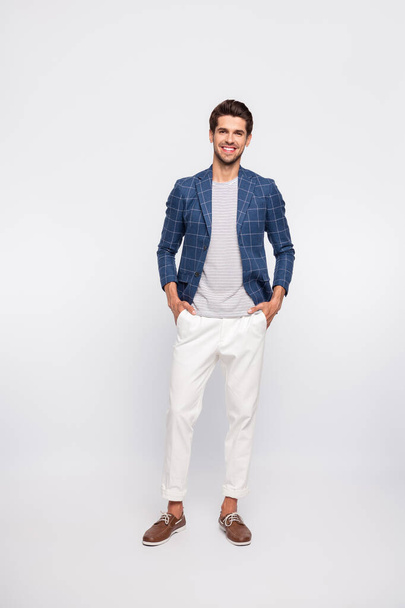 Full body photo of charming guy stand wear plaid clothes blazer jacket pants trousers isolated over white background - Foto, Imagem