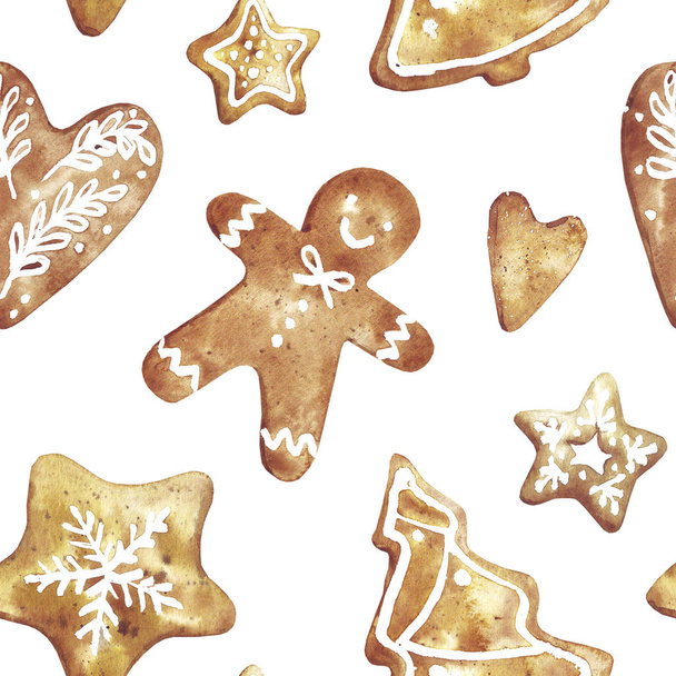 Gingerbread. Hand drawn watercolor seamless pattern traditional cookies with icing sugar, gingerbread man, star, heart, snowflake and christmas tree. Elements for holiday, cards, wrapping paper. - Фото, изображение
