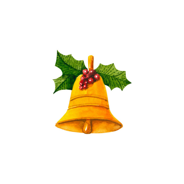 Акварель рождественский колокол с зелеными листьями и красными ягодами. Ручная иллюстрация
 - Фото, изображение