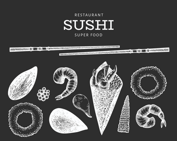 Sushi roll temaki hand drawn vector illustration on chalk board. - Vektori, kuva