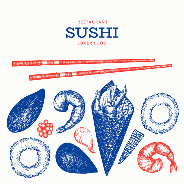 Sushi roll temaki hand drawn vector illustration. Japanese cuisi - Vektori, kuva