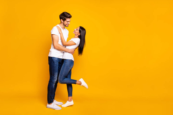Full body photo of amazing pair slow dancing at prom night party looking eyes wear casual outfit isolated yellow color background - Fotografie, Obrázek