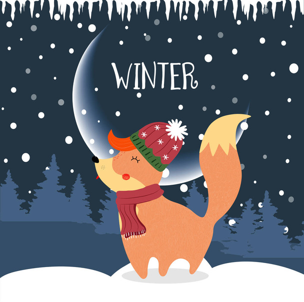 Mignon renard d'hiver en bonnet tricoté et écharpe la nuit
 - Photo, image