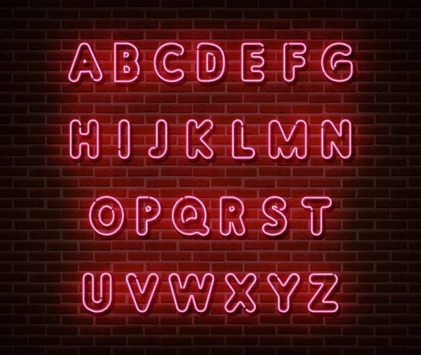 Neon pink alphabet type font vector isolated on brick wall. ABC typography letters light symbol, decoration text effect. Neon alphabet font illustration - Vecteur, image