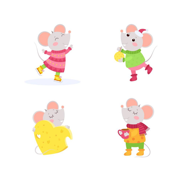 Νέο Έτος 2020 επίπεδη χαρακτήρες διάνυσμα που. Μικρά ποντίκια χειμερινοί χαρακτήρες. Κινεζικό ζώδιο ημερολογίου. Αφίσα τρωκτικών, τετράγωνη κάρτα  - Διάνυσμα, εικόνα