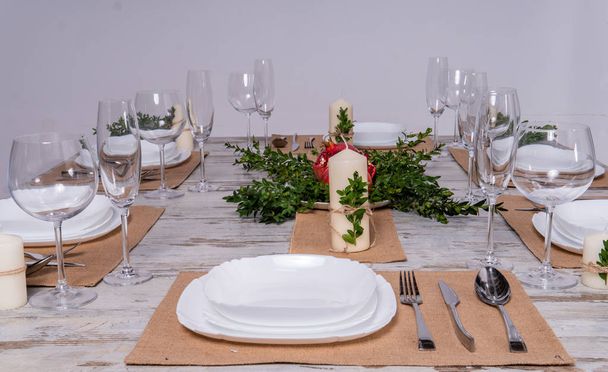 Beautiful table setting with lavender flowers on wooden background - Photo, Image