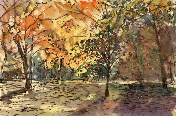 Jesienny krajobraz. Rysunek akwareli. Ilustracja ręcznie rysowana.  - Zdjęcie, obraz