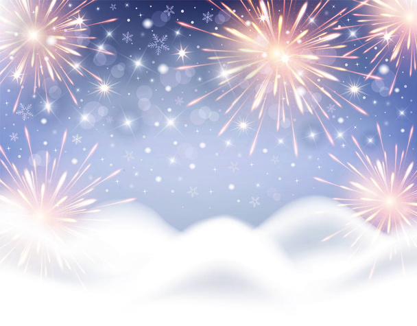 Background for celebration of Christmas and New Year with fireworks and snowflakes vector - Vector, Image
